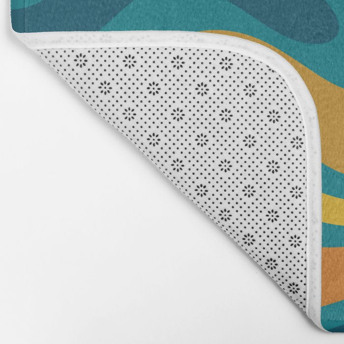 Modern Retro Liquid Swirl Abstract Pattern in Moroccan Teal Blue, Mustard, and Orange Bath Mat Gallery Image 2