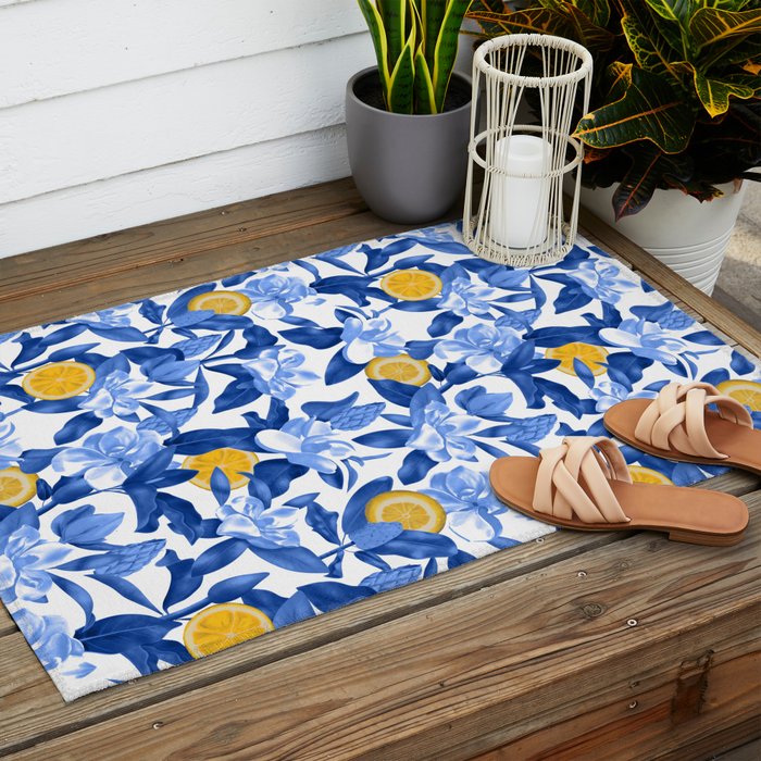 Porcelain Magnolias Flowers and Lemons Outdoor Rug Gallery Image 2