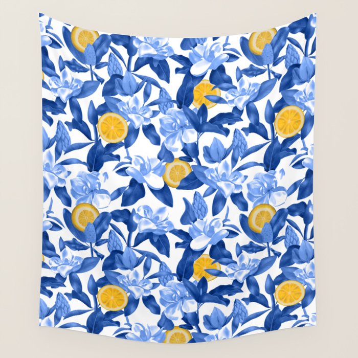 Porcelain Magnolias Flowers and Lemons Wall Tapestry Gallery Image 1