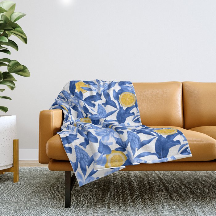 Porcelain Magnolias Flowers and Lemons Throw Blanket Gallery Image 1
