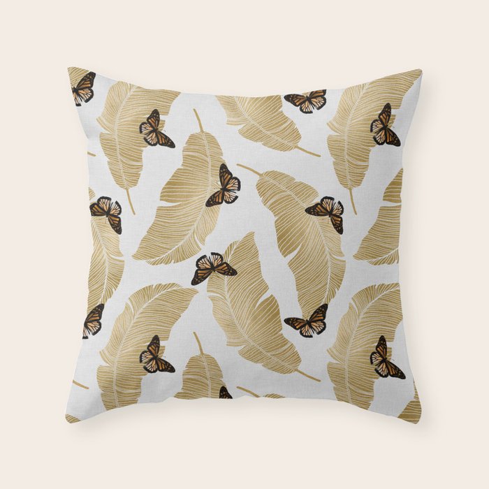 Butterfly & Palm Leaf, Gold Wall Art Throw Pillow Gallery Image 6