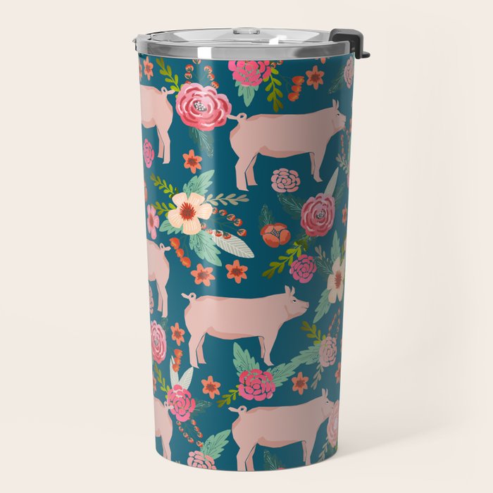 Pig florals farm homesteader pigs cute farms animals floral gifts Travel Mug Gallery Image 2