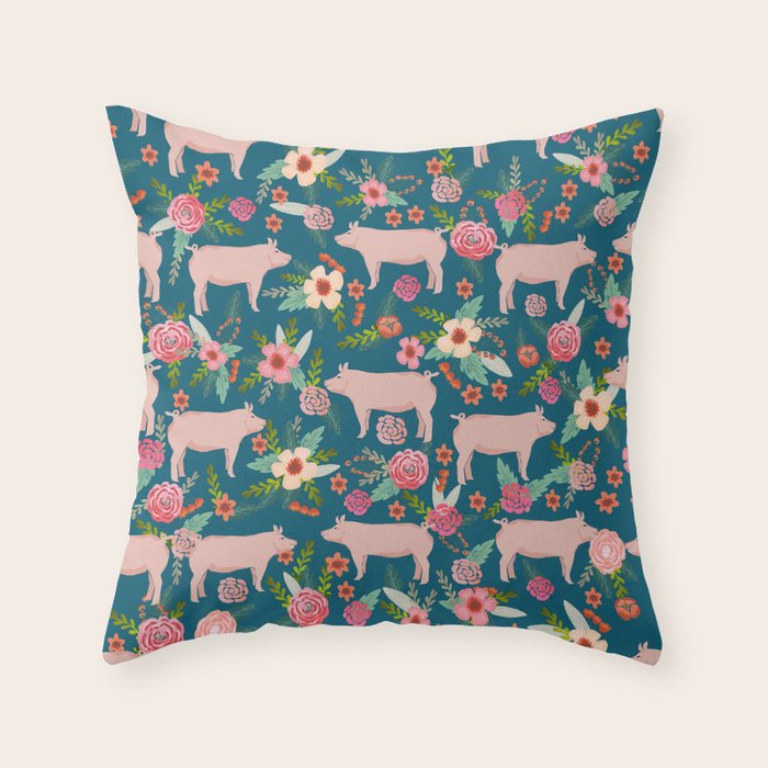 Pig florals farm homesteader pigs cute farms animals floral gifts Throw Pillow Gallery Image 6