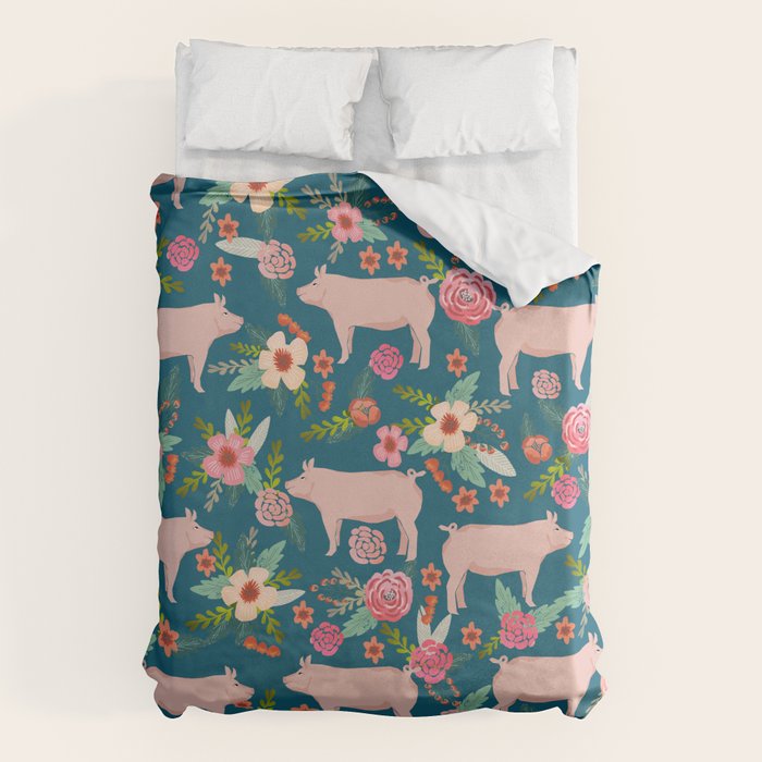 Pig florals farm homesteader pigs cute farms animals floral gifts Duvet Cover Gallery Image 6