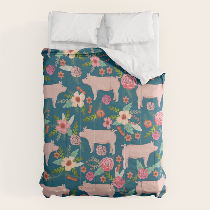 Pig florals farm homesteader pigs cute farms animals floral gifts Comforter Gallery Image 1