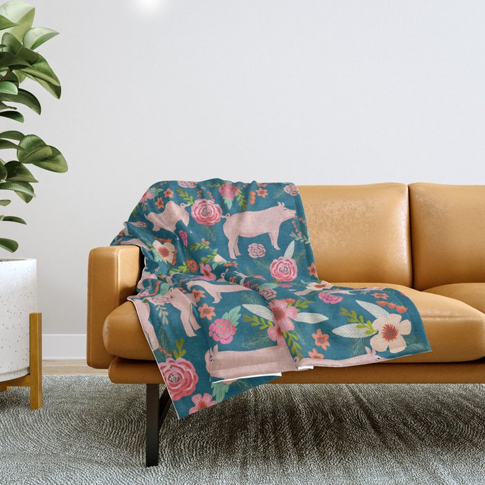 Pig florals farm homesteader pigs cute farms animals floral gifts Throw Blanket Gallery Image 1