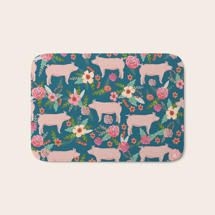 Pig florals farm homesteader pigs cute farms animals floral gifts Bath Mat Gallery Image 1