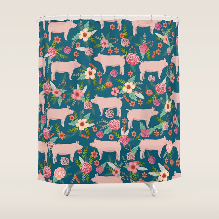 Pig florals farm homesteader pigs cute farms animals floral gifts Shower Curtain Gallery Image 1