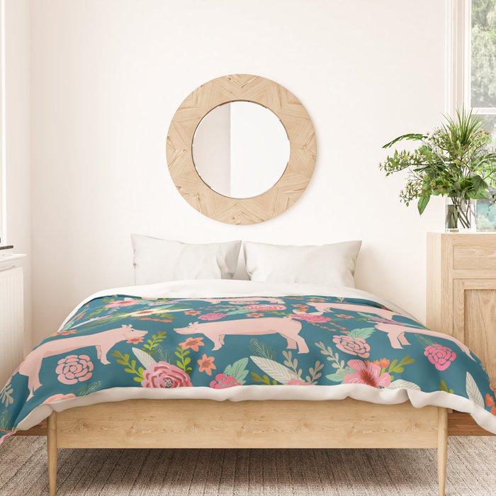 Pig florals farm homesteader pigs cute farms animals floral gifts Duvet Cover Gallery Image 3