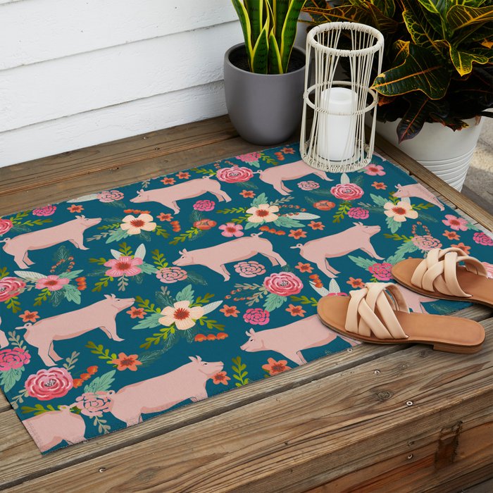 Pig florals farm homesteader pigs cute farms animals floral gifts Outdoor Rug Gallery Image 2