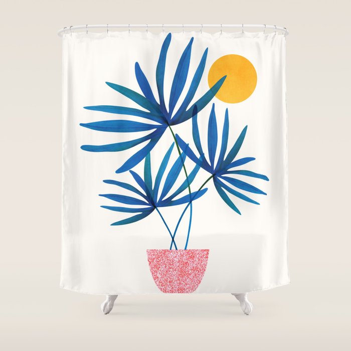 Sunny Palms in Indigo and Pink Shower Curtain Gallery Image 1