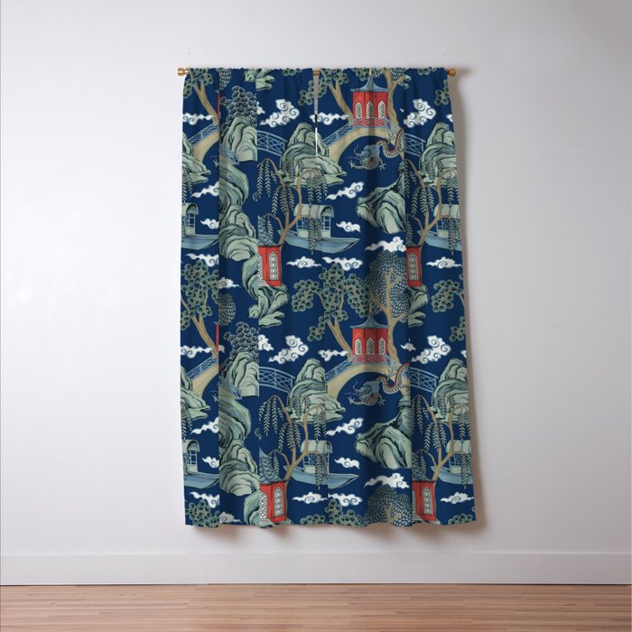 Vintage Chinoiserie Pagoda Bridge Garden Landscape Window Curtain Gallery Image 3