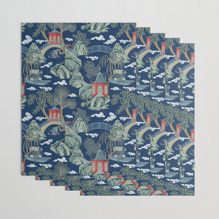 Vintage Chinoiserie Pagoda Bridge Garden Landscape Wrapping Paper Gallery Image 3