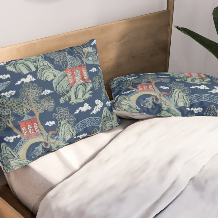 Vintage Chinoiserie Pagoda Bridge Garden Landscape Pillow Sham Gallery Image 2