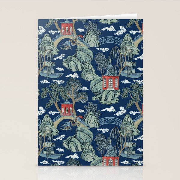 Vintage Chinoiserie Pagoda Bridge Garden Landscape Stationery Card Gallery Image 1