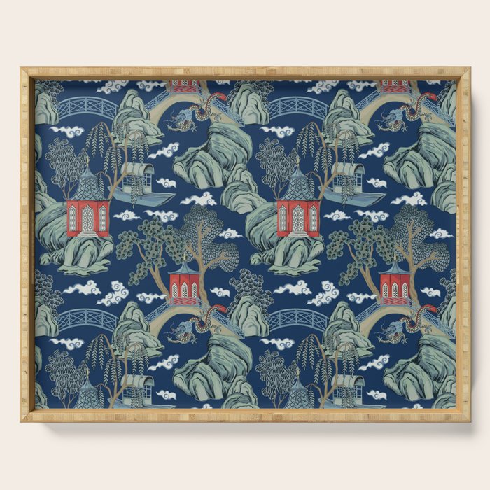 Vintage Chinoiserie Pagoda Bridge Garden Landscape Serving Tray Gallery Image 1