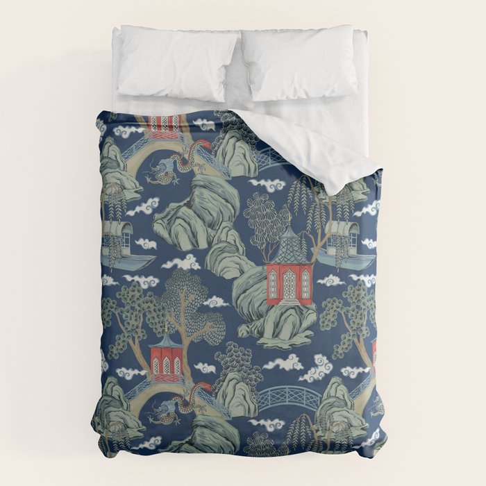 Vintage Chinoiserie Pagoda Bridge Garden Landscape Duvet Cover Gallery Image 6