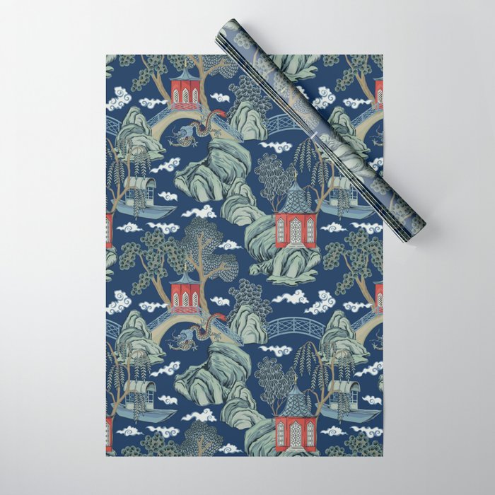 Vintage Chinoiserie Pagoda Bridge Garden Landscape Wrapping Paper Gallery Image 1