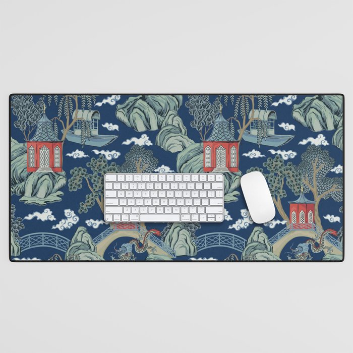 Vintage Chinoiserie Pagoda Bridge Garden Landscape Desk Mat Gallery Image 1