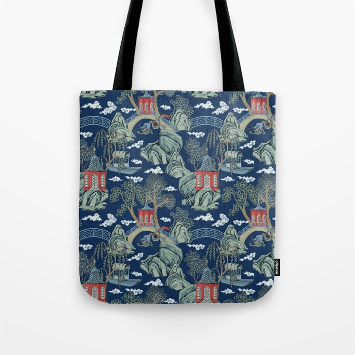 Vintage Chinoiserie Pagoda Bridge Garden Landscape Tote Bag Gallery Image 1