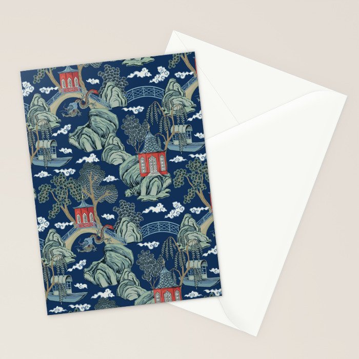 Vintage Chinoiserie Pagoda Bridge Garden Landscape Stationery Card Gallery Image 2
