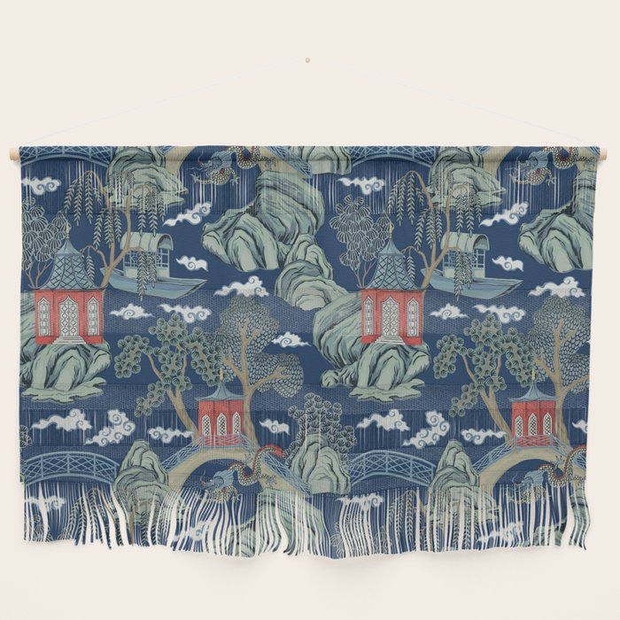 Vintage Chinoiserie Pagoda Bridge Garden Landscape Wall Hanging Gallery Image 1