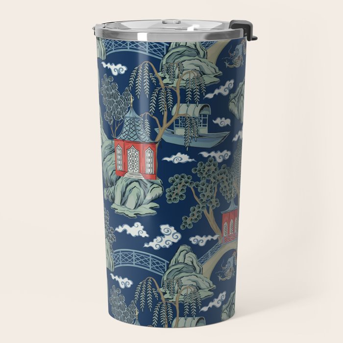 Vintage Chinoiserie Pagoda Bridge Garden Landscape Travel Mug Gallery Image 2