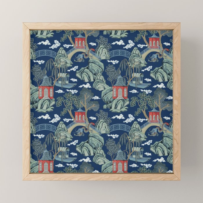 Vintage Chinoiserie Pagoda Bridge Garden Landscape Mini Art Print Gallery Image 1