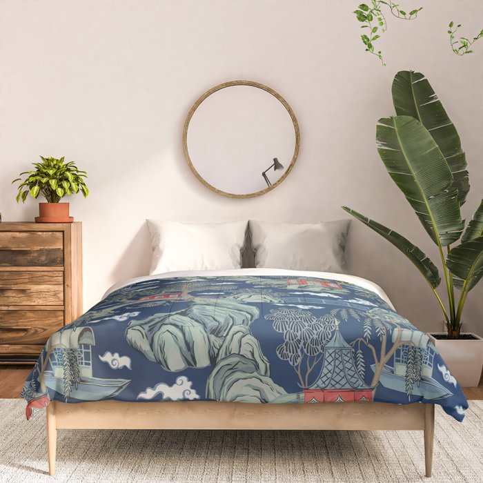 Vintage Chinoiserie Pagoda Bridge Garden Landscape Comforter Gallery Image 3
