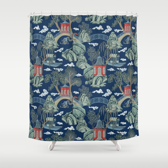 Vintage Chinoiserie Pagoda Bridge Garden Landscape Shower Curtain Gallery Image 1