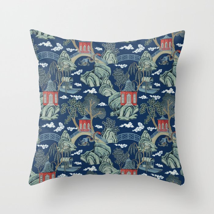 Vintage Chinoiserie Pagoda Bridge Garden Landscape Throw Pillow Gallery Image 6