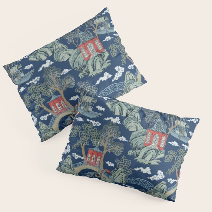 Vintage Chinoiserie Pagoda Bridge Garden Landscape Pillow Sham Gallery Image 1