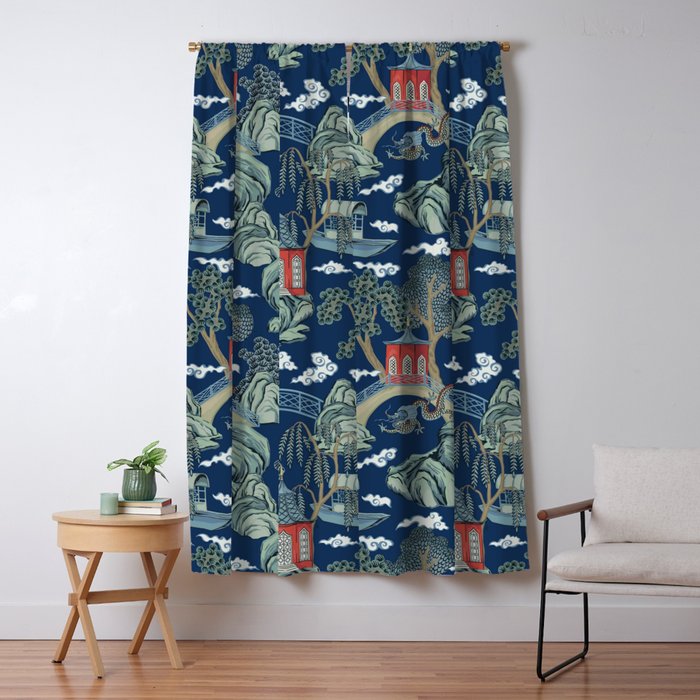 Vintage Chinoiserie Pagoda Bridge Garden Landscape Window Curtain Gallery Image 5