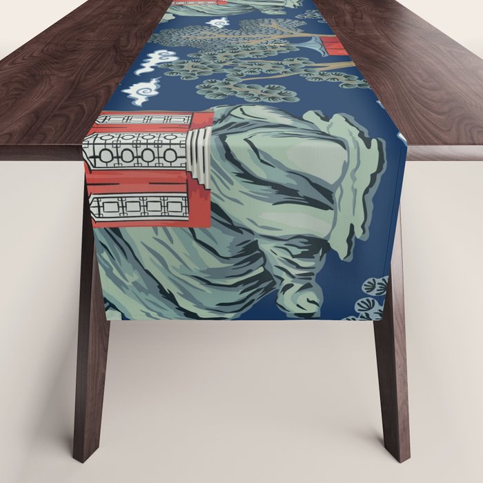 Vintage Chinoiserie Pagoda Bridge Garden Landscape Table Runner Gallery Image 1