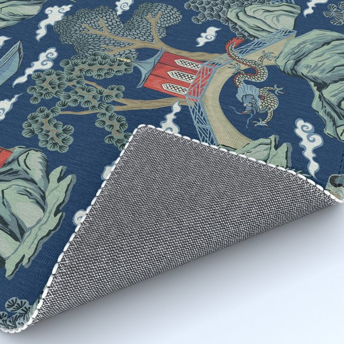 Vintage Chinoiserie Pagoda Bridge Garden Landscape Rug Gallery Image 4