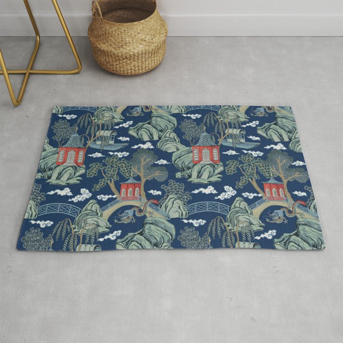 Vintage Chinoiserie Pagoda Bridge Garden Landscape Rug Gallery Image 1
