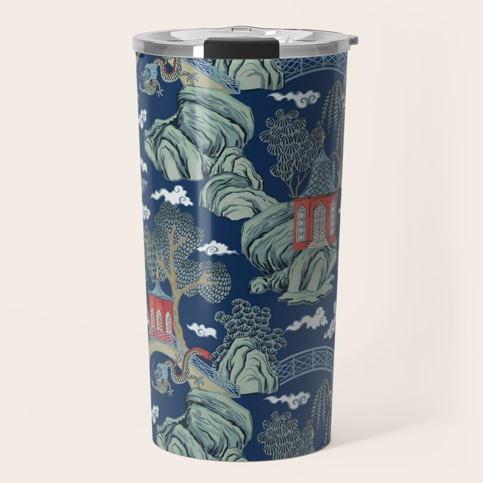 Vintage Chinoiserie Pagoda Bridge Garden Landscape Travel Mug Gallery Image 1