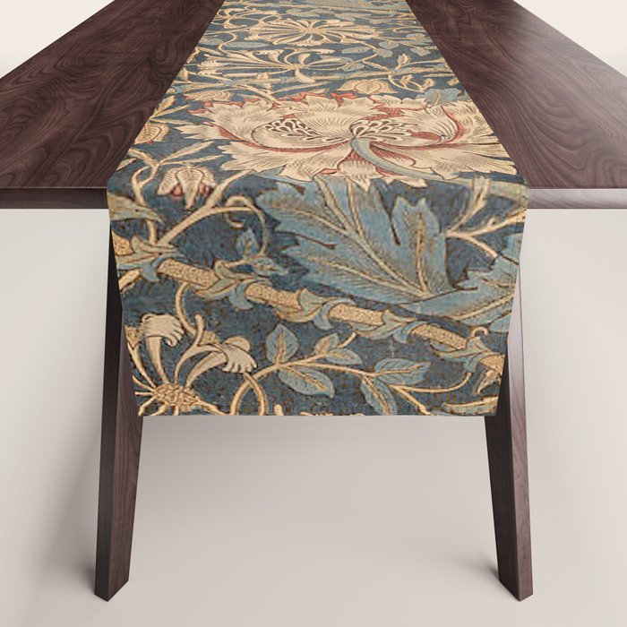 William Morris Vintage Honeysuckle & Tulip Gold and Blue Table Runner Gallery Image 1