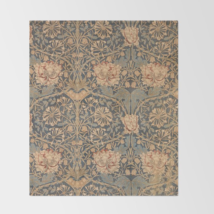 William Morris Vintage Honeysuckle & Tulip Gold and Blue Throw Blanket Gallery Image 2