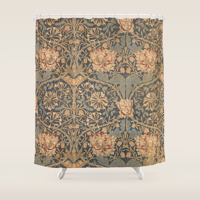 William Morris Vintage Honeysuckle & Tulip Gold and Blue Shower Curtain Gallery Image 1