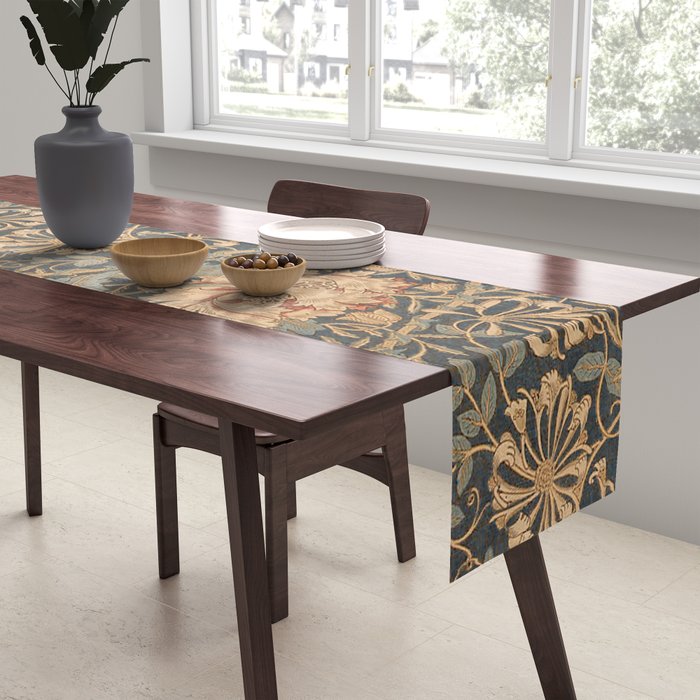 William Morris Vintage Honeysuckle & Tulip Gold and Blue Table Runner Gallery Image 2