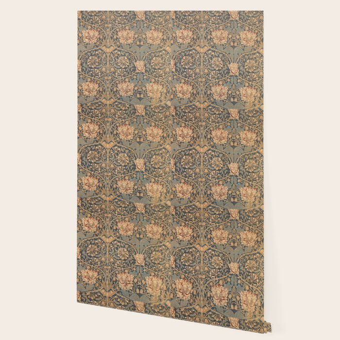 William Morris Vintage Honeysuckle & Tulip Gold and Blue Wallpaper Gallery Image 2