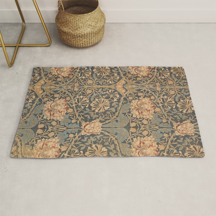 William Morris Vintage Honeysuckle & Tulip Gold and Blue Rug Gallery Image 1