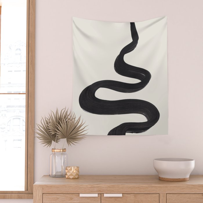 Minimalist Abstract Art Smoke Genie In The Lamp Mythical Magical Ink Art Black & White Wall Tapestry Gallery Image 2