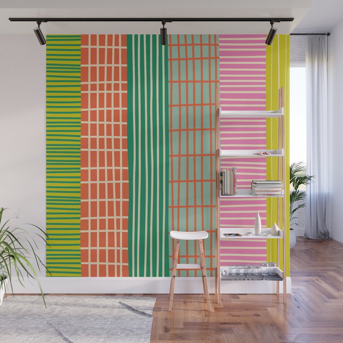 Finnish Patchwork Stripes Pattern Orange Green Pink Chartreuse Wall Mural Gallery Image 1