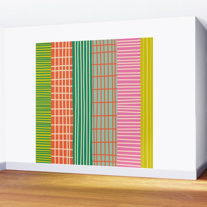 Finnish Patchwork Stripes Pattern Orange Green Pink Chartreuse Wall Mural Gallery Image 2