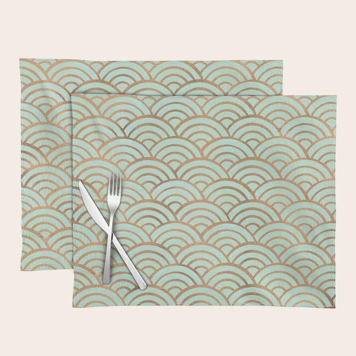 Japanese Seigaiha Wave - Mint & Copper Palette Placemat Gallery Image 1