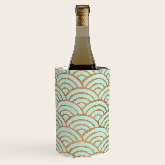 Japanese Seigaiha Wave - Mint & Copper Palette Wine Chiller Gallery Image 1