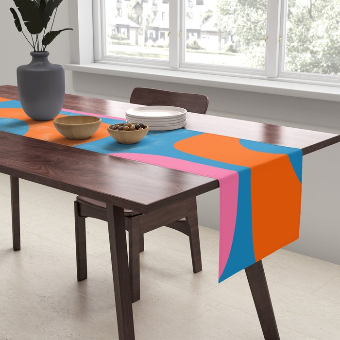 Mid Century Modern Piquet Abstract Blue Orange Pink Table Runner Gallery Image 2