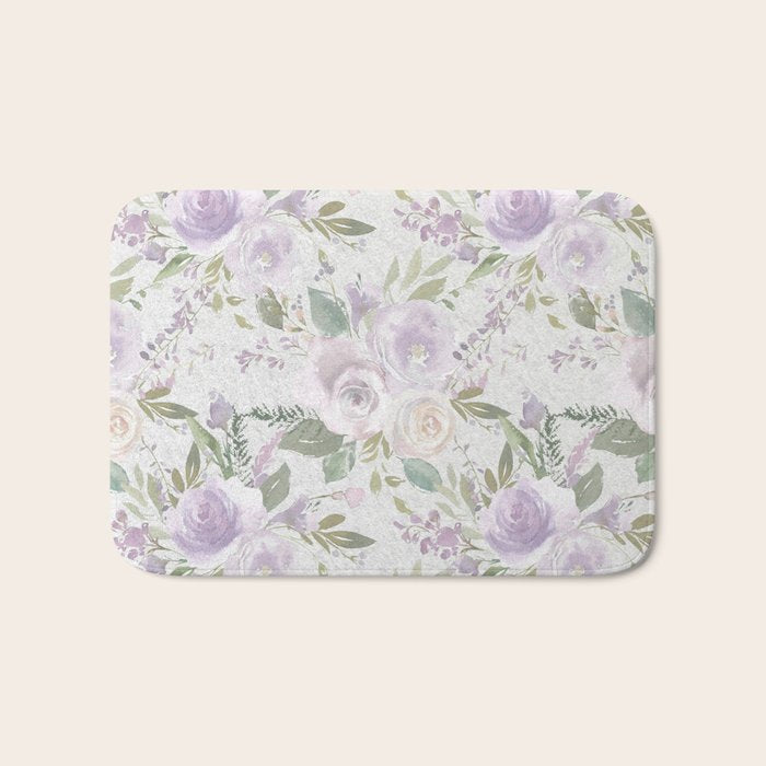 Lavender pastel green white watercolor floral pattern Bath Mat Gallery Image 1